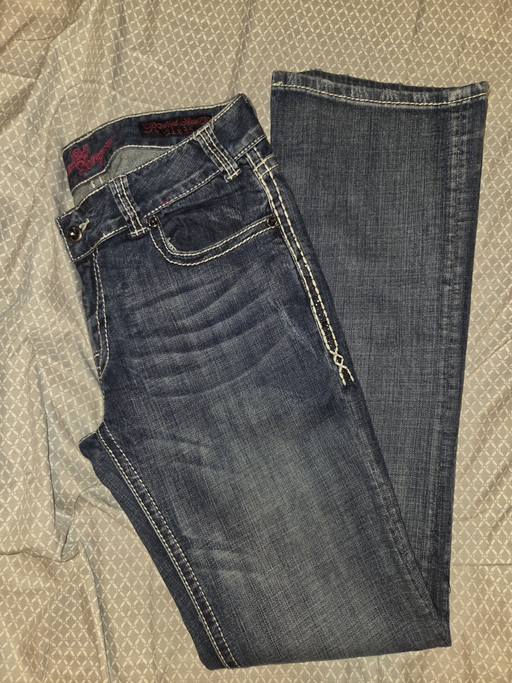 Rock & Roll Cowgirl Distressed Dark Blue Flare Jeans with White Stitching